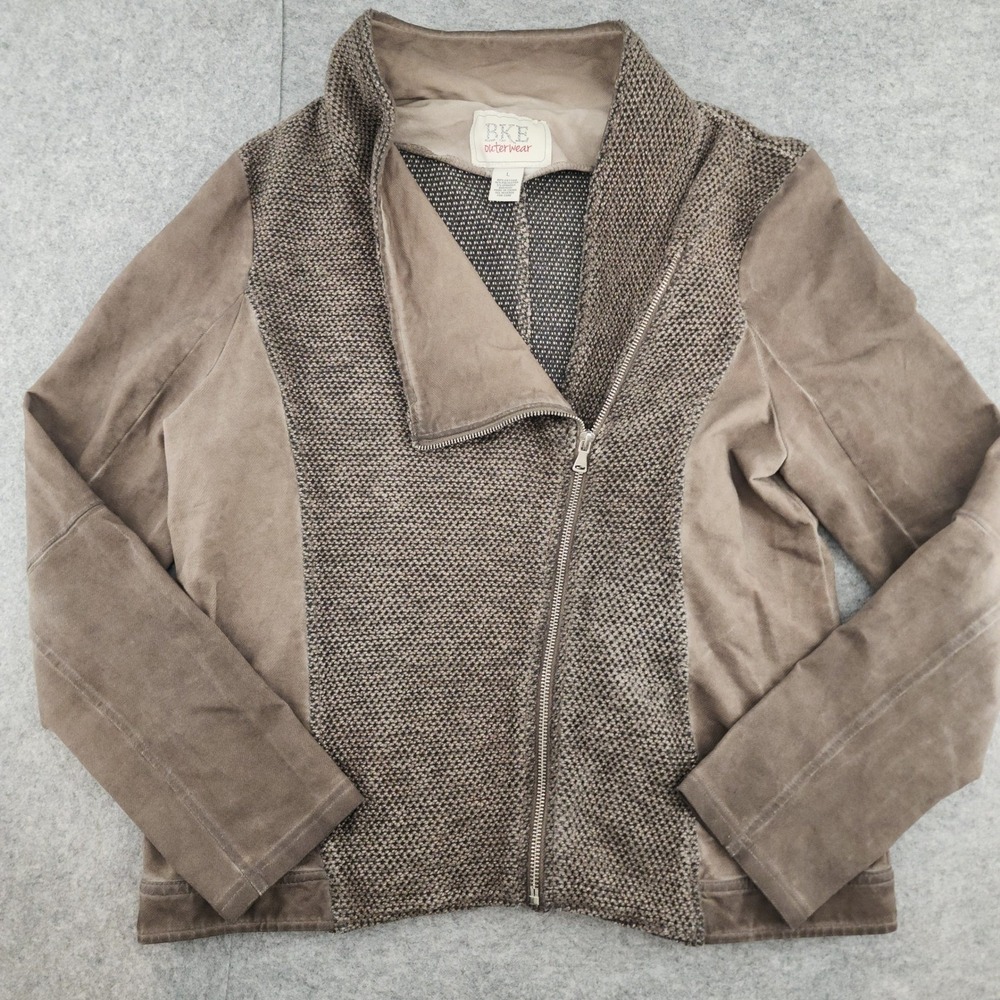 BKE Outerwear Brown Mixed Media Moto Jacket Asymmetrical Zip Women Large